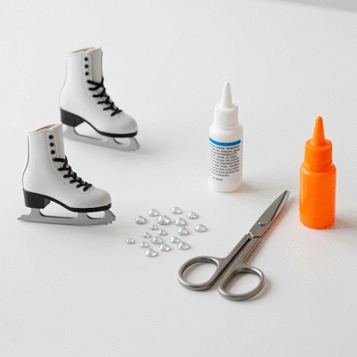 Figure skating costume repair kit with clear nail polish, safety pins, fabric glue, and rhinestones