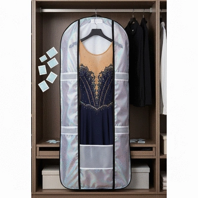 Figure skating dress meticulously stored in a breathable garment bag, hanging in a closet with silica gel packets, showing attention to moisture control. No text, no words, no typography, no labels, clean image.