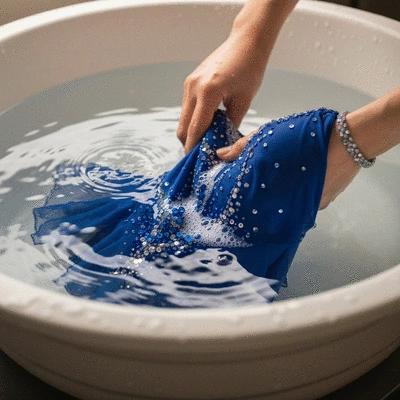 Figure skating dress being hand washed gently in a basin with mild detergent