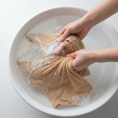 Figure skating dress being hand-washed in a basin