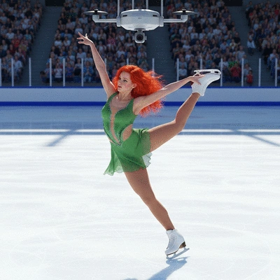 Figure skater in a flexible, streamlined dress performing a spin on ice