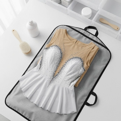 Figure skating dress neatly folded and placed inside a high-quality garment bag, with gentle cleaning products visible nearby, in a clean, organized setting, no text, no words, no typography, clean image