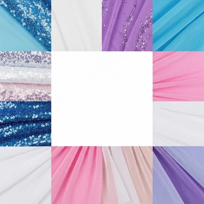 Close-up of various fabric swatches for figure skating dresses, showcasing different textures and colors