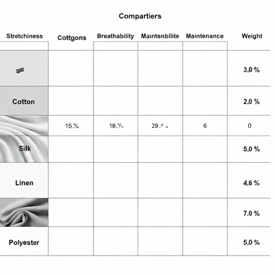 Figure skating fabric comparison matrix with properties like stretch, breathability, and maintenance
