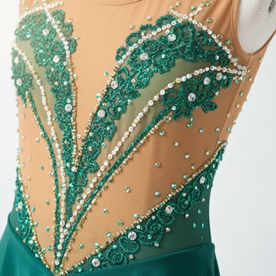 Close-up of a figure skating dress with intricate details and embellishments
