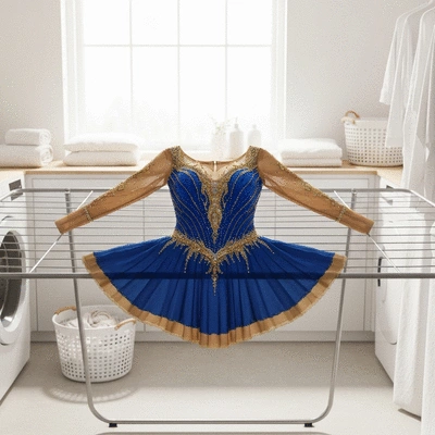 Figure skating costume on a drying rack, illustrating air drying