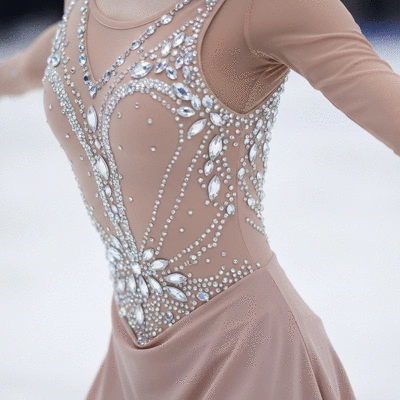 Close-up of a figure skating dress adorned with crystals and delicate fabric, showcasing intricate details and shimmer