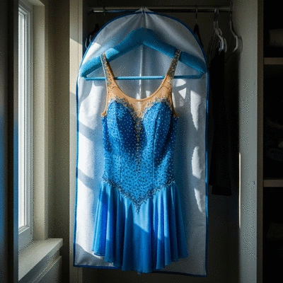 Figure skating dress hanging on a padded hanger in a garment bag