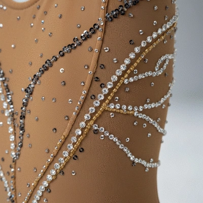 Close-up of intricate embellishments and fabric of a figure skating dress