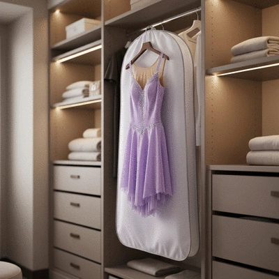 Figure skating dress hanging in a breathable garment bag