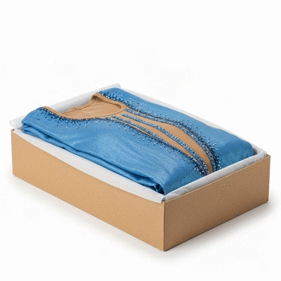 Figure skating dress neatly folded with acid-free tissue paper between layers, placed in a sturdy, acid-free box. No text, no words, no typography, no labels, clean image.